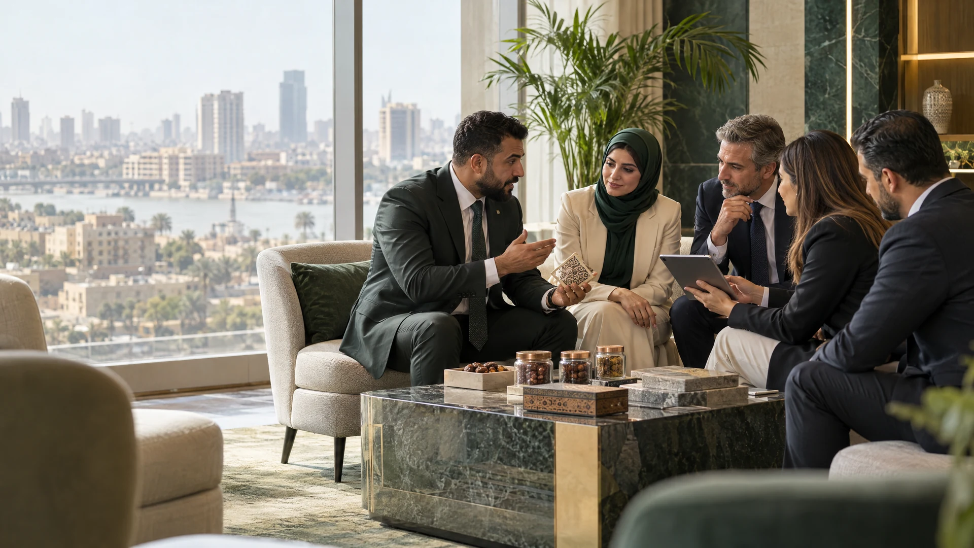 Business delegation preparing for international meetings